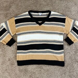LulaRoe Striped V-Neck Sweater - Black, White, Tan